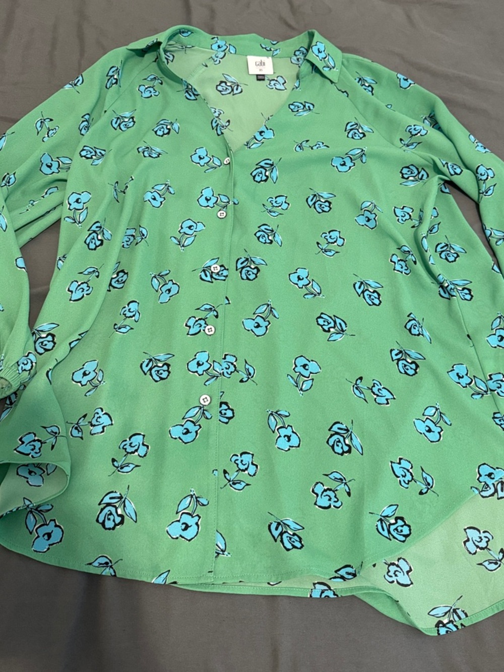 CAbi Green Button-Down Shirt with Blue Floral Print